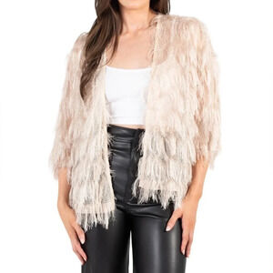 Chelsea beige champagne shaggy fringe open jacket Sz L